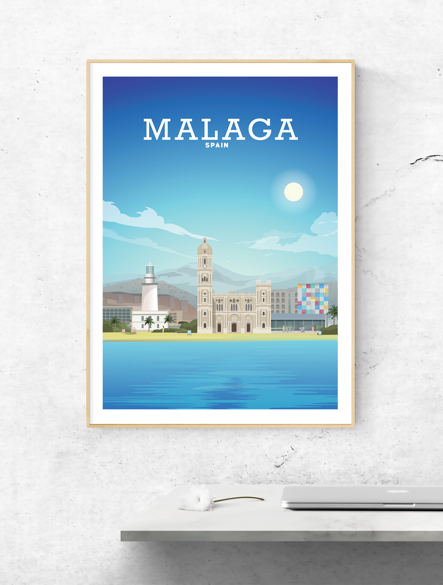 Illustration Vintage travel poster of the city of Malaga, Spain